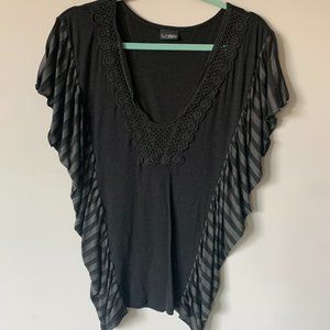 Nordstrom Short Sleeve Top / Tunic - Black & Grey Stripes with Embroidery